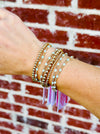 Handcrafted Amazonite cube and gold filled bracelets stacked on wrist with 14K gold filled bead bracelets