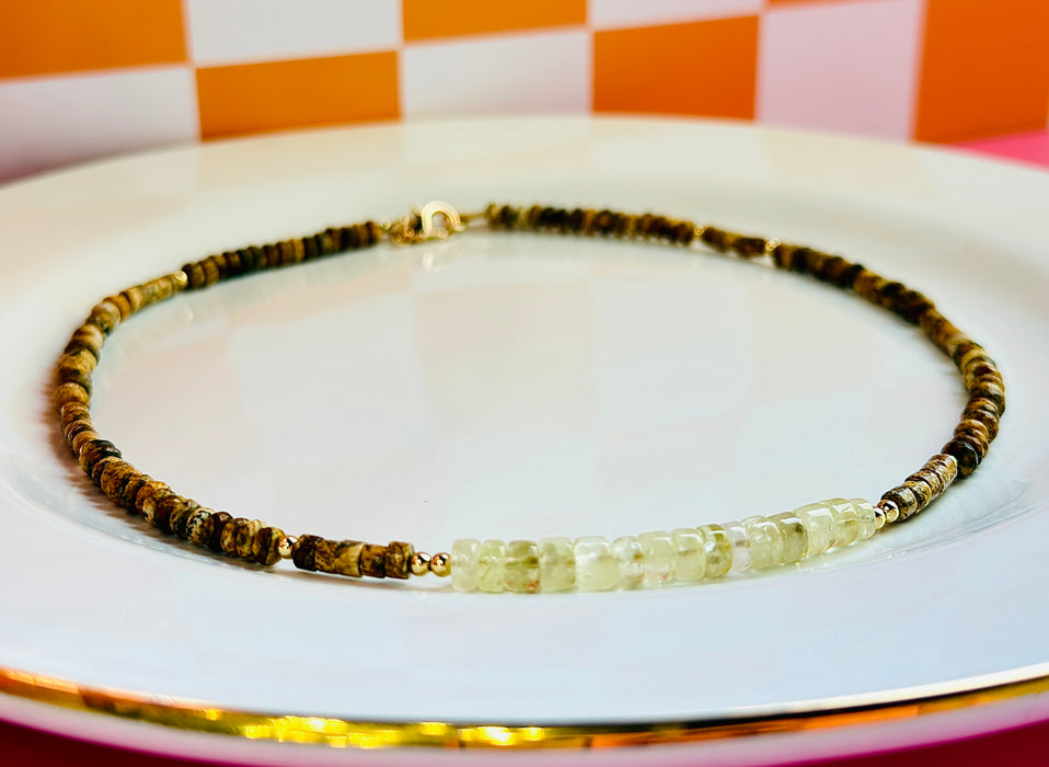 Stevie Prehnite and Picture Jasper gemstone necklace with 14k gold-filled accents