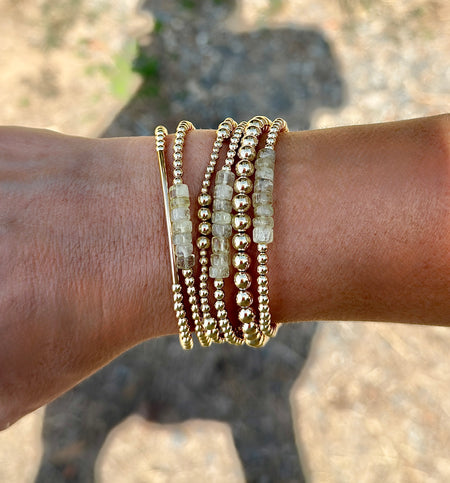 Green Prehnite Stevie Bracelet stacked with 14k gold-filled beaded bracelets