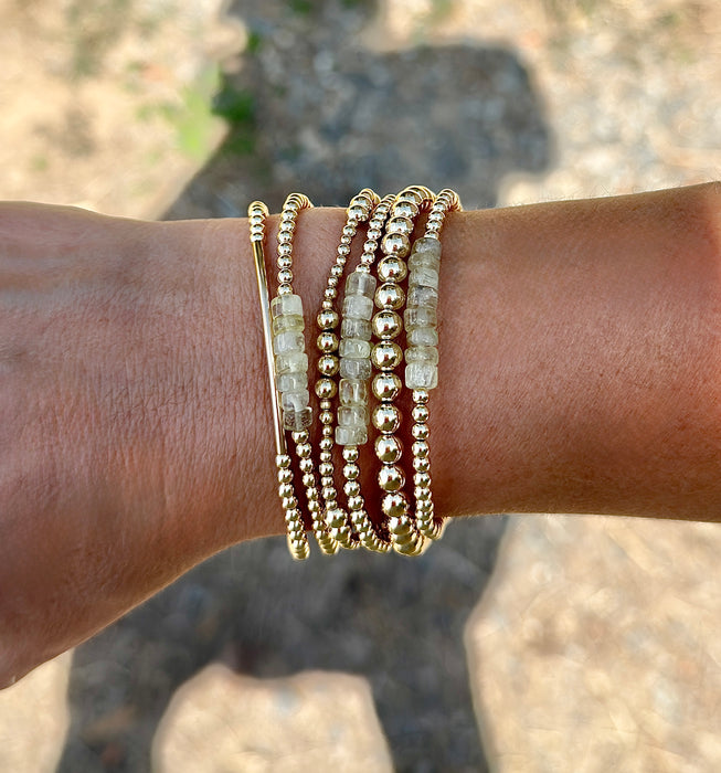 Green Prehnite Stevie Bracelet stacked with 14k gold-filled beaded bracelets