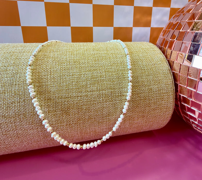 Goldie Pearl Necklace featuring genuine freshwater pearls and scattered gold-filled beads