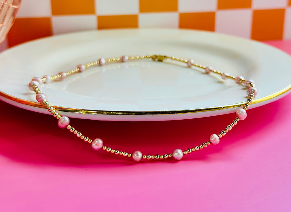 Close-up of Lavender Pearl Necklace with lavender freshwater pearls and dainty gold filled beads