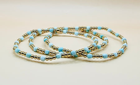 Gold filled beaded bracelets with blue amazonite cube beads