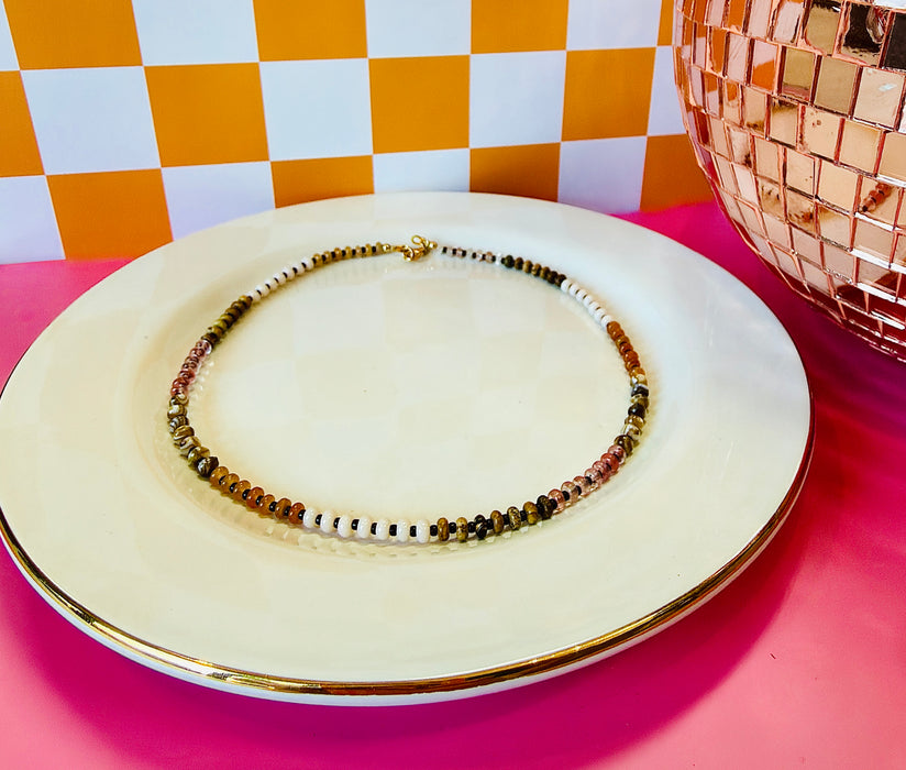 16-inch Moxie beaded necklace with mixed natural gemstones and gold lobster clasp