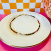 Moxie gemstone necklace with jade, mother of pearl, picture jasper and chocolate seed beads