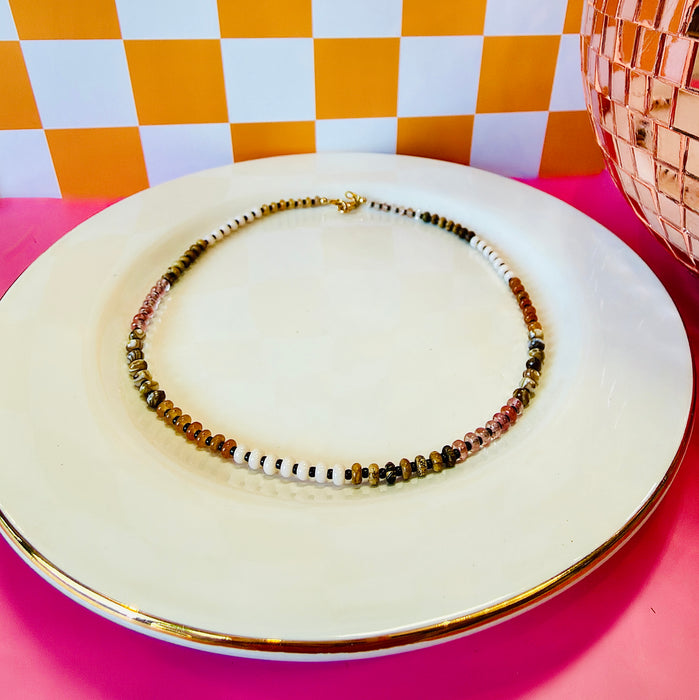 Moxie gemstone necklace with jade, mother of pearl, picture jasper and chocolate seed beads