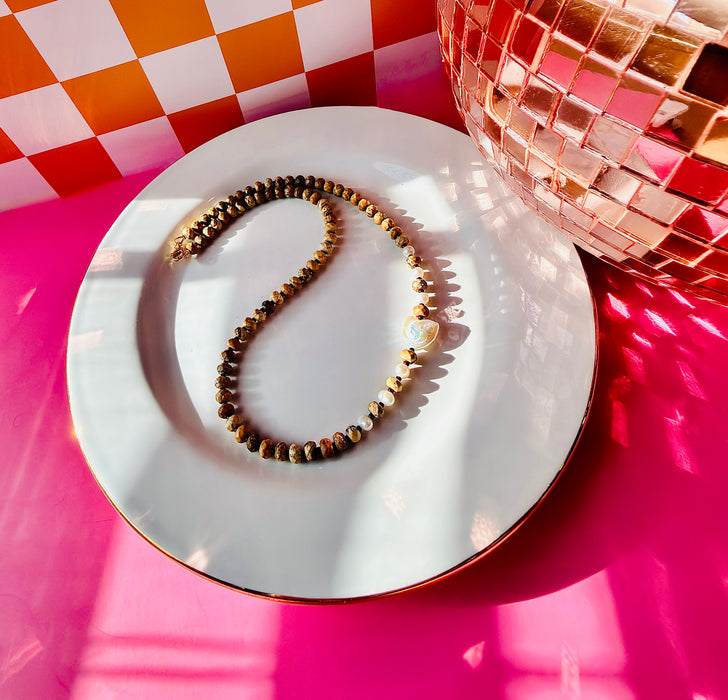 Sloane Necklace with picture jasper beads and freshwater pearls on white jewelry tray